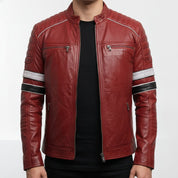 Handmade Men Red Leather Biker Fashion Jacket with Stripes, Mens Leather Apparel