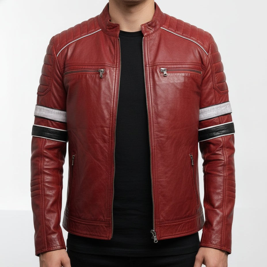 Handmade Men Red Leather Biker Fashion Jacket with Stripes, Mens Leather Apparel