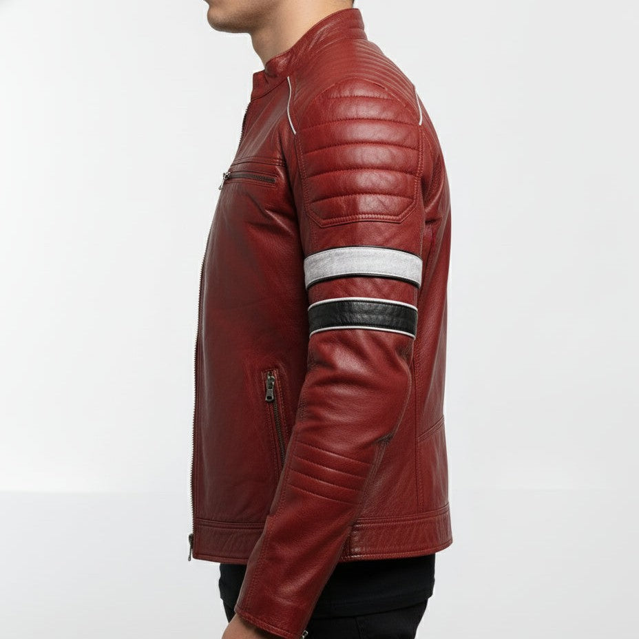 Handmade Men Red Leather Biker Fashion Jacket with Stripes, Mens Leather Apparel