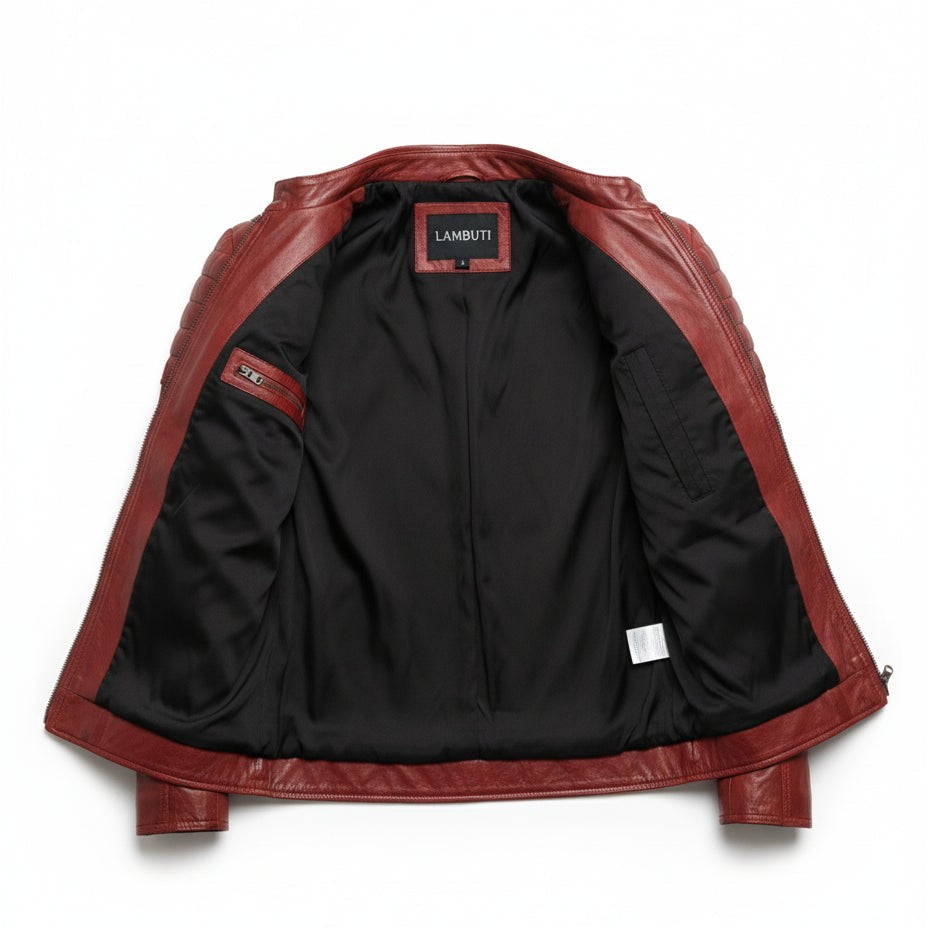 Handmade Men Red Leather Biker Fashion Jacket with Stripes, Mens Leather Apparel