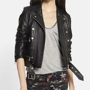 Handmade Women Black Biker Leather Jacket, Sheepskin Belted Jacket for Women
