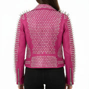 Handmade Punk Women Full Long Spiked Studded Brando Pink Leather Jacket