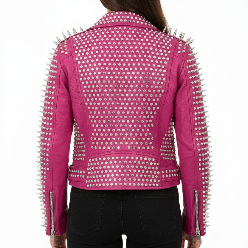 Handmade Punk Women Full Long Spiked Studded Brando Pink Leather Jacket
