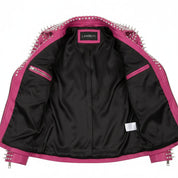 Handmade Punk Women Full Long Spiked Studded Brando Pink Leather Jacket
