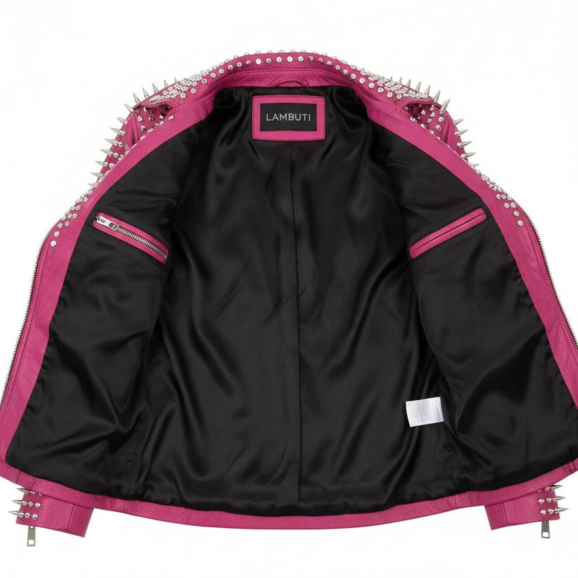 Handmade Punk Women Full Long Spiked Studded Brando Pink Leather Jacket