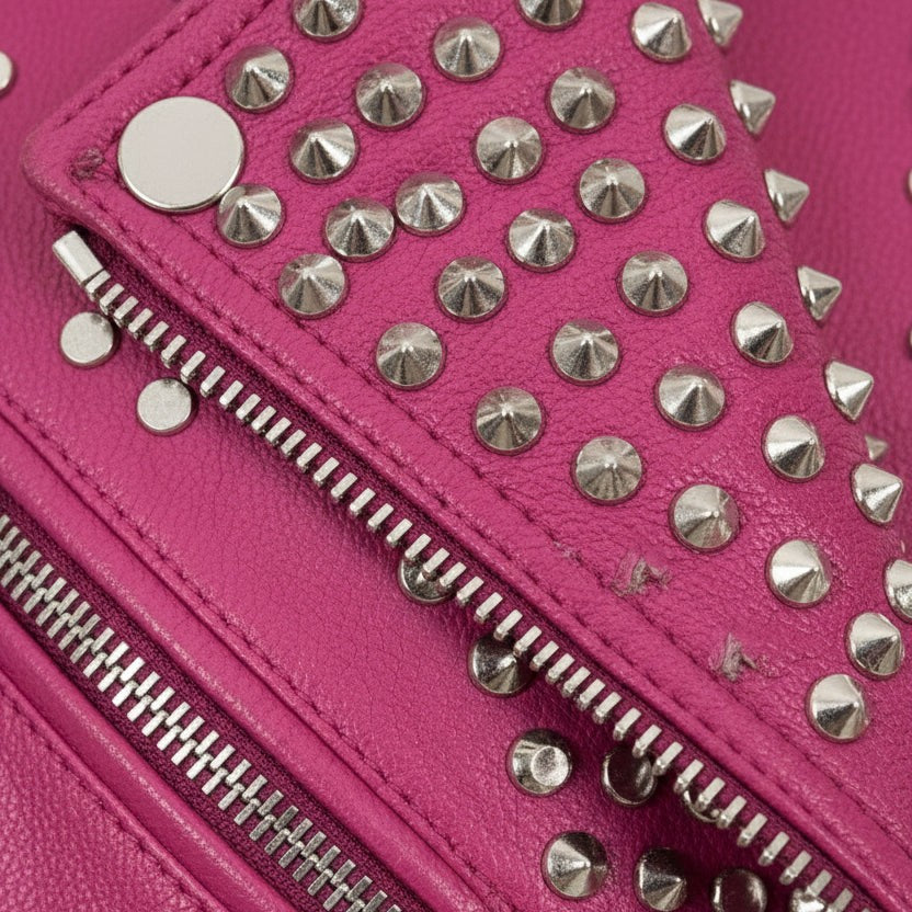 Handmade Punk Women Full Long Spiked Studded Brando Pink Leather Jacket