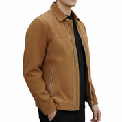 Men's Handmade Tan Brown Suede Jacket with Zip Closure