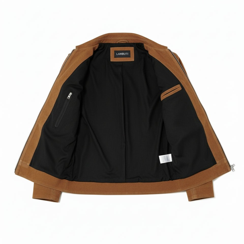 Men's Handmade Tan Brown Suede Jacket with Zip Closure
