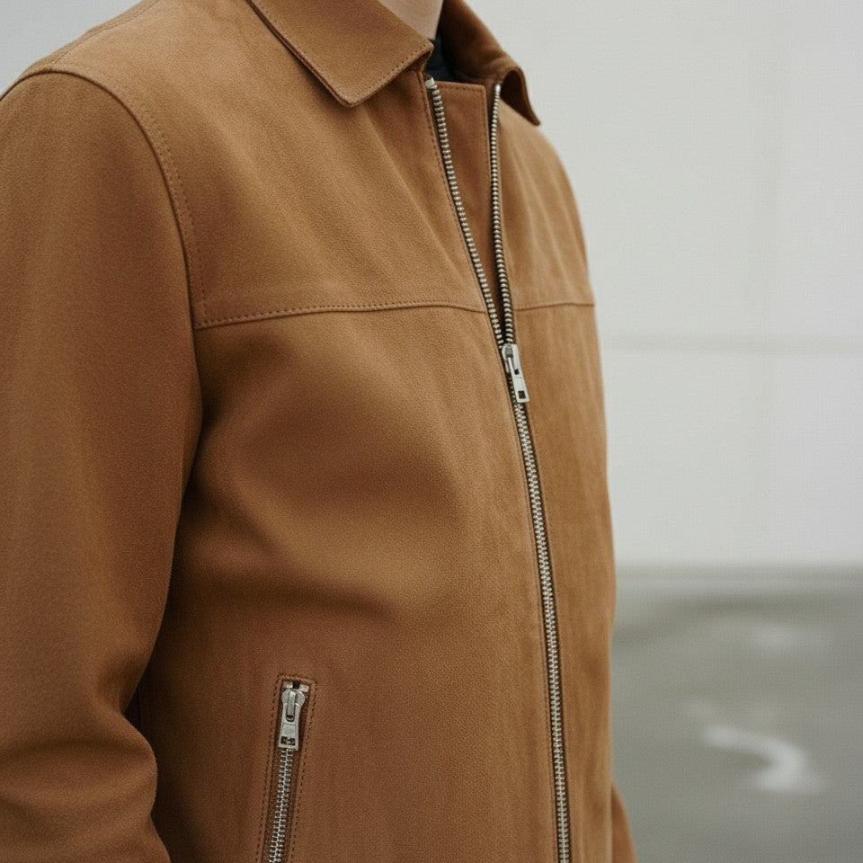 Men's Handmade Tan Brown Suede Jacket with Zip Closure