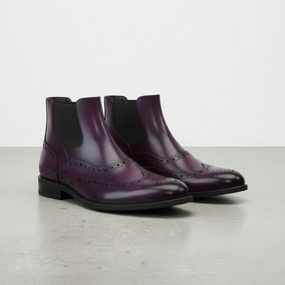 Handcrafted Men's Purple Wingtip Brogue Chelsea Ankle Boots