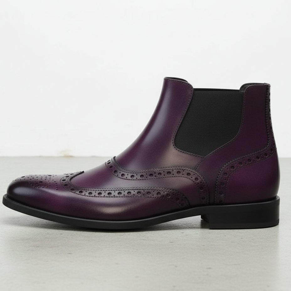 Handcrafted Men's Purple Wingtip Brogue Chelsea Ankle Boots