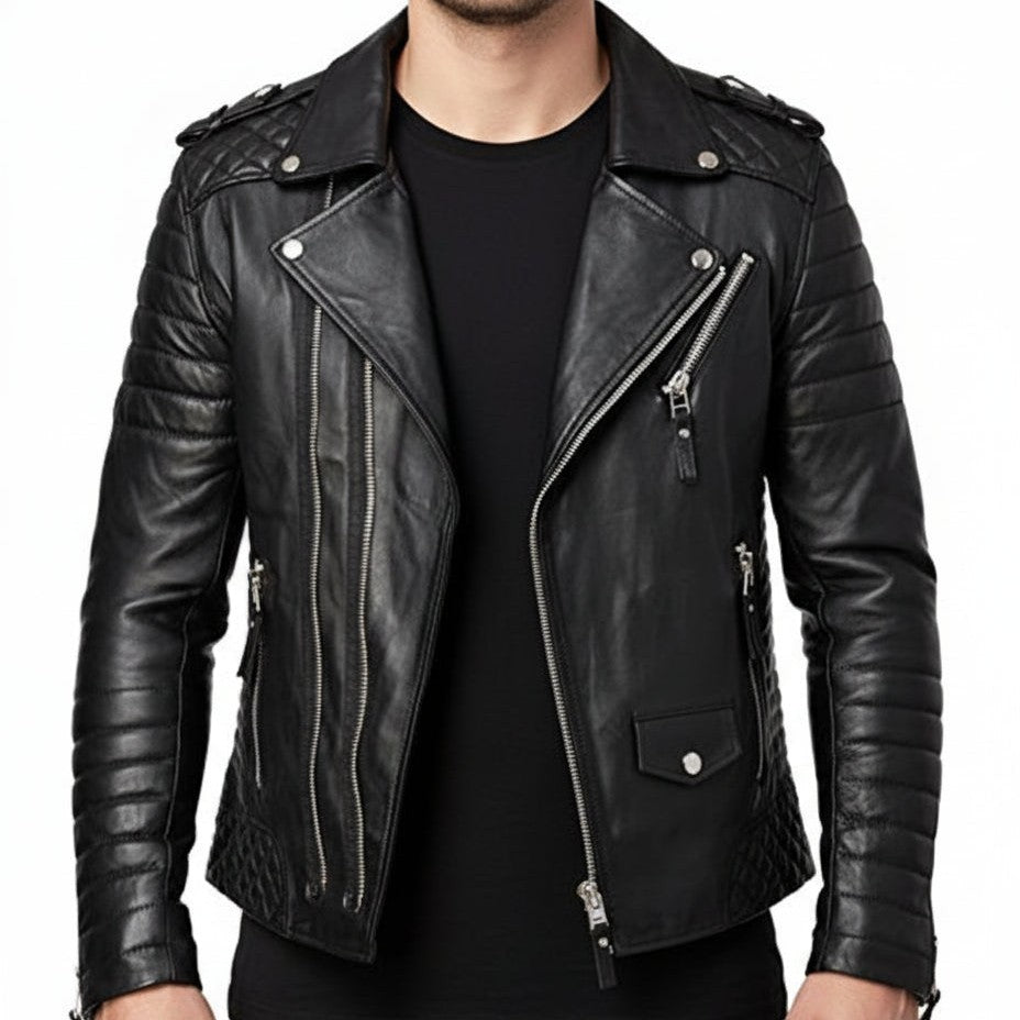 Men's Handmade Black Leather Biker Jacket for Motorcycle Riders