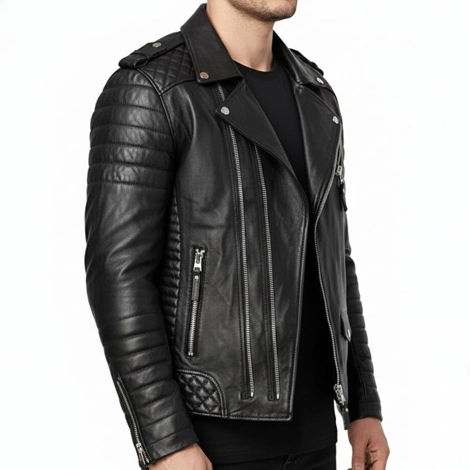 Men's Handmade Black Leather Biker Jacket for Motorcycle Riders