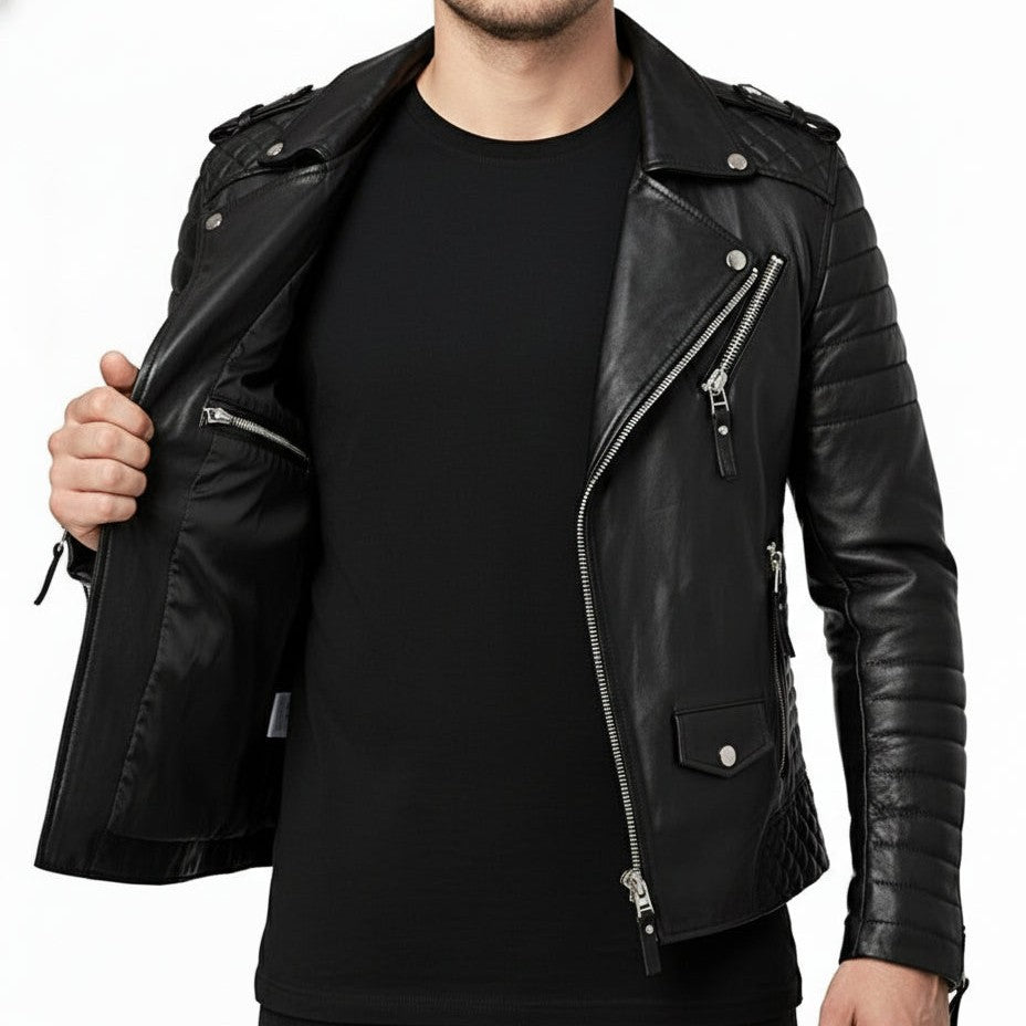 Men's Handmade Black Leather Biker Jacket for Motorcycle Riders