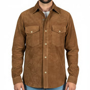Handmade Men Tan Suede Leather Shirt, Tan Brown Flap Pockets Leather Shirt Jacket