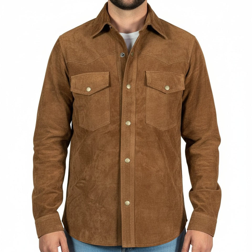 Handmade Men Tan Suede Leather Shirt, Tan Brown Flap Pockets Leather Shirt Jacket