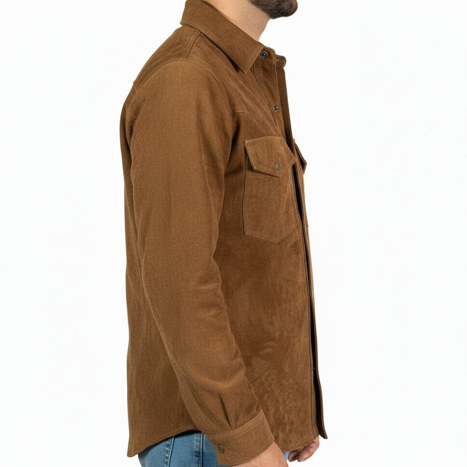 Handmade Men Tan Suede Leather Shirt, Tan Brown Flap Pockets Leather Shirt Jacket