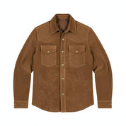 Handmade Men Tan Suede Leather Shirt, Tan Brown Flap Pockets Leather Shirt Jacket