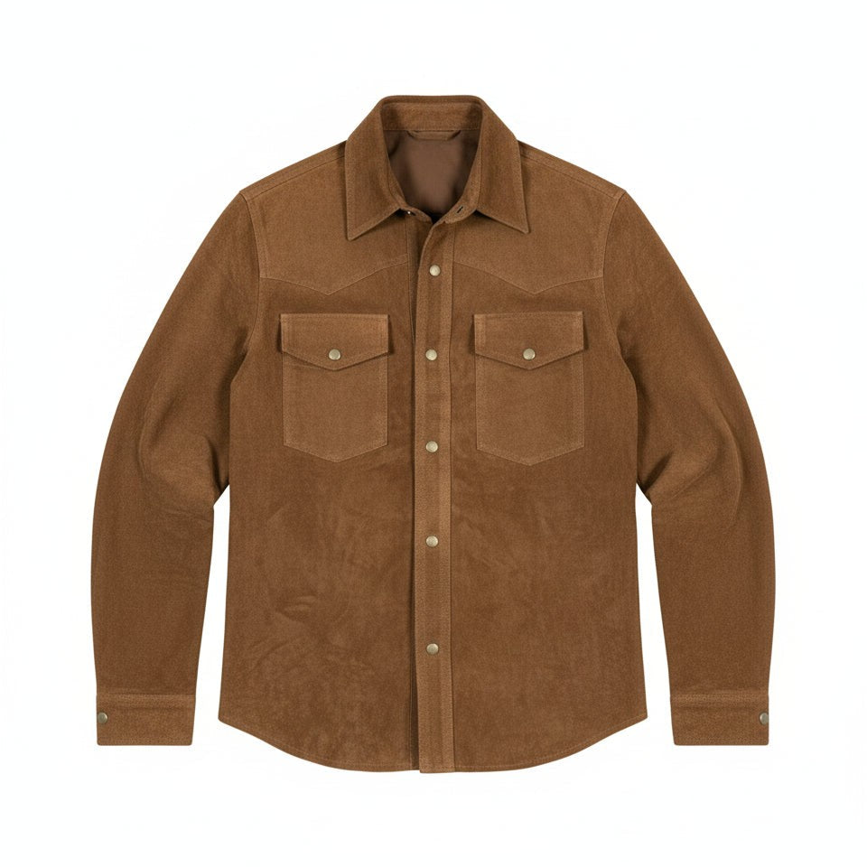 Handmade Men Tan Suede Leather Shirt, Tan Brown Flap Pockets Leather Shirt Jacket