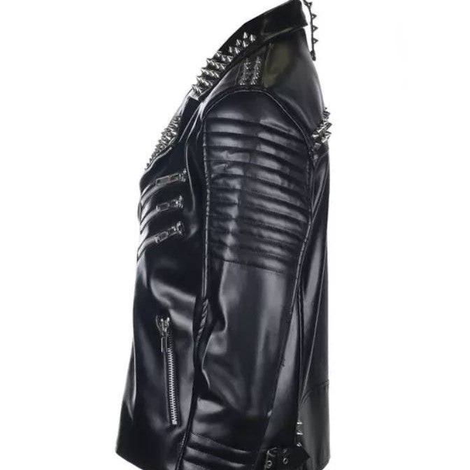 Men's Handmade Punk Rock Black Leather Jacket with Studs