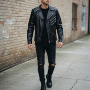 Men's Handmade Punk Rock Black Leather Jacket with Studs