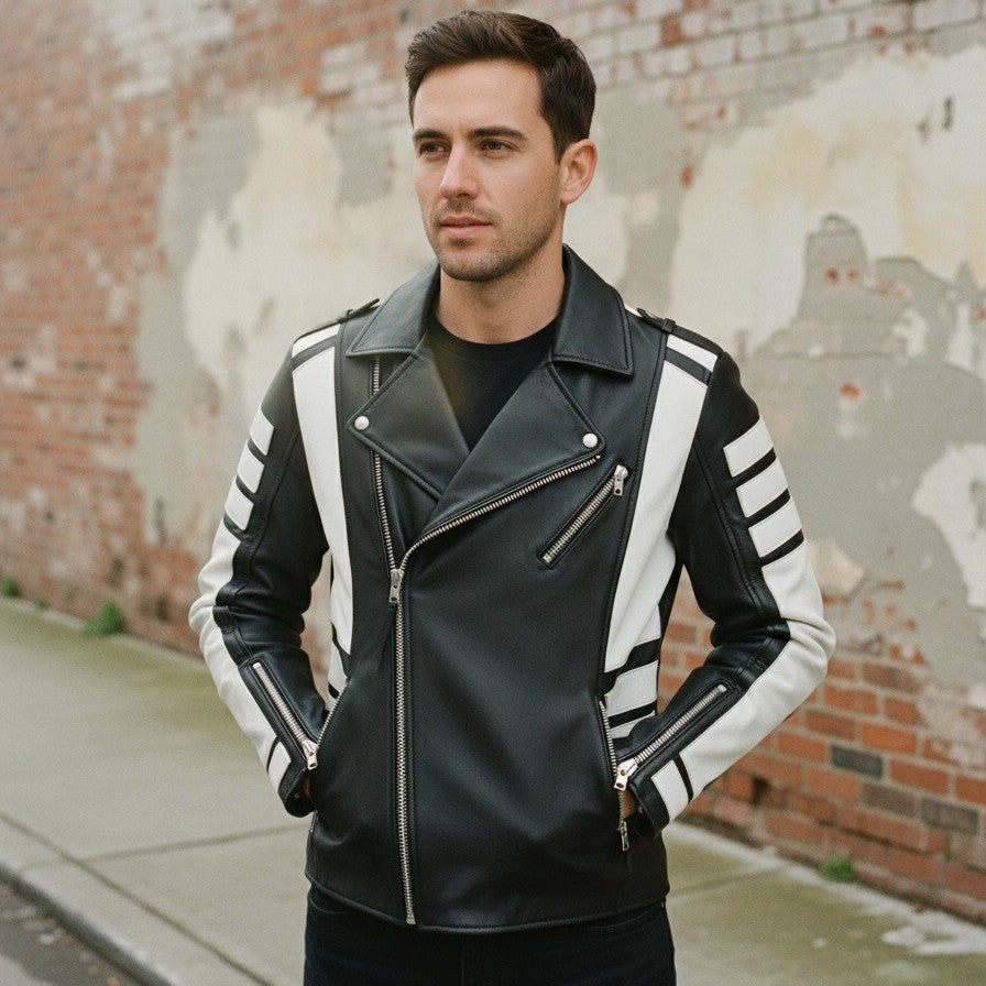 Handmade Men Two Tone Biker Jacket, Men Black and White Fashion Jacket