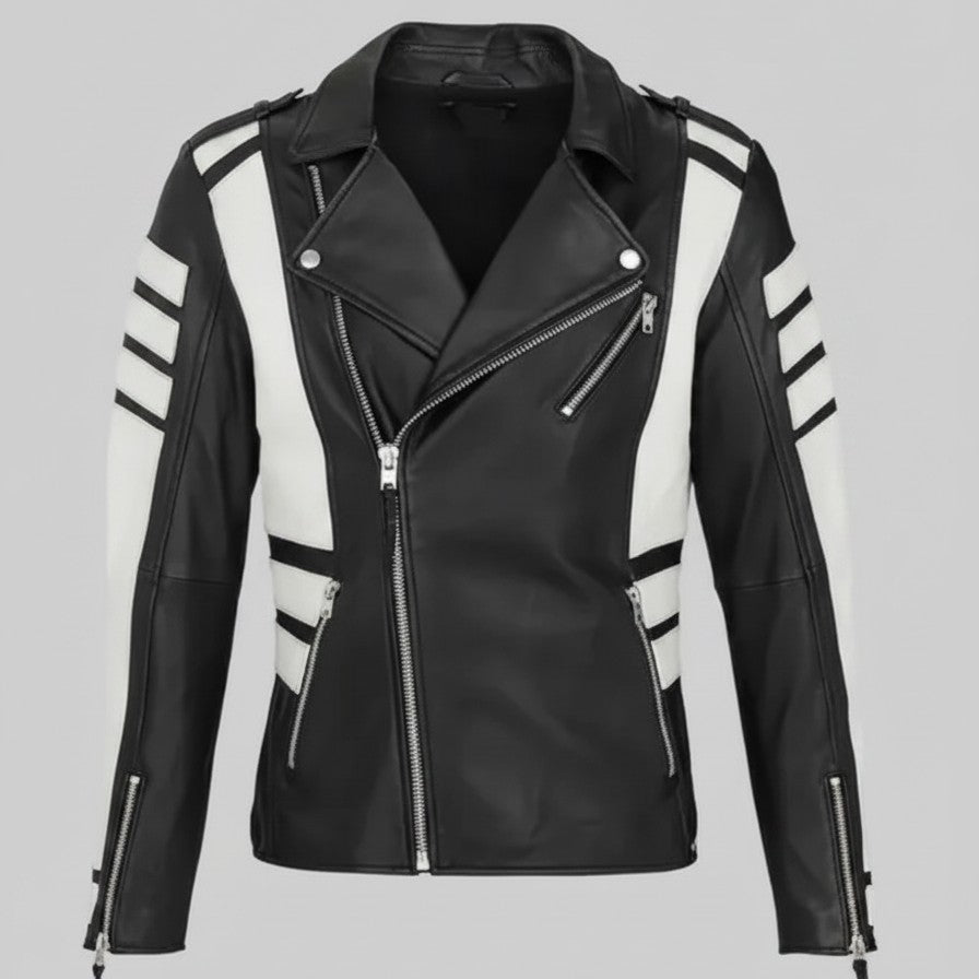 Handmade Men Two Tone Biker Jacket, Men Black and White Fashion Jacket