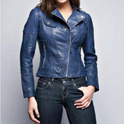 Handmade Women Blue Leather Slimfit Biker Fashion Jacket, Party Jacket for Women
