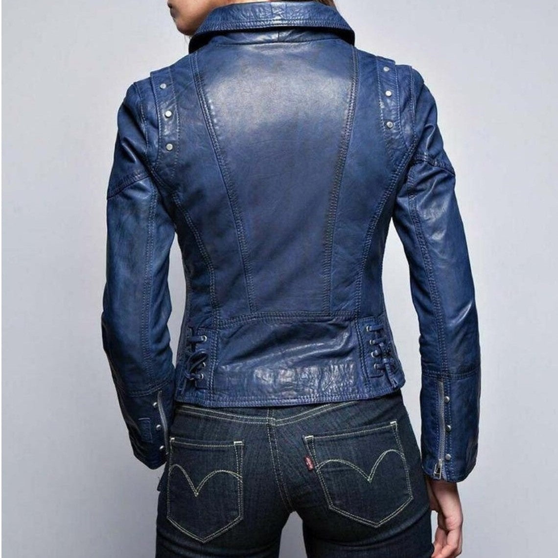Handmade Women Blue Leather Slimfit Biker Fashion Jacket, Party Jacket for Women