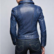 Handmade Women Blue Leather Slimfit Biker Fashion Jacket, Party Jacket for Women