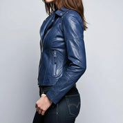 Handmade Women Blue Leather Slimfit Biker Fashion Jacket, Party Jacket for Women
