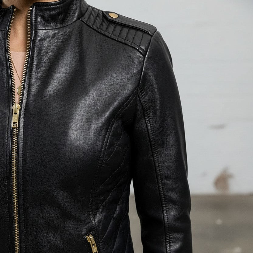 Gothic Women's Quilted Lambskin Leather Jacket, Black Quilted Leather Moto Jacket for Women