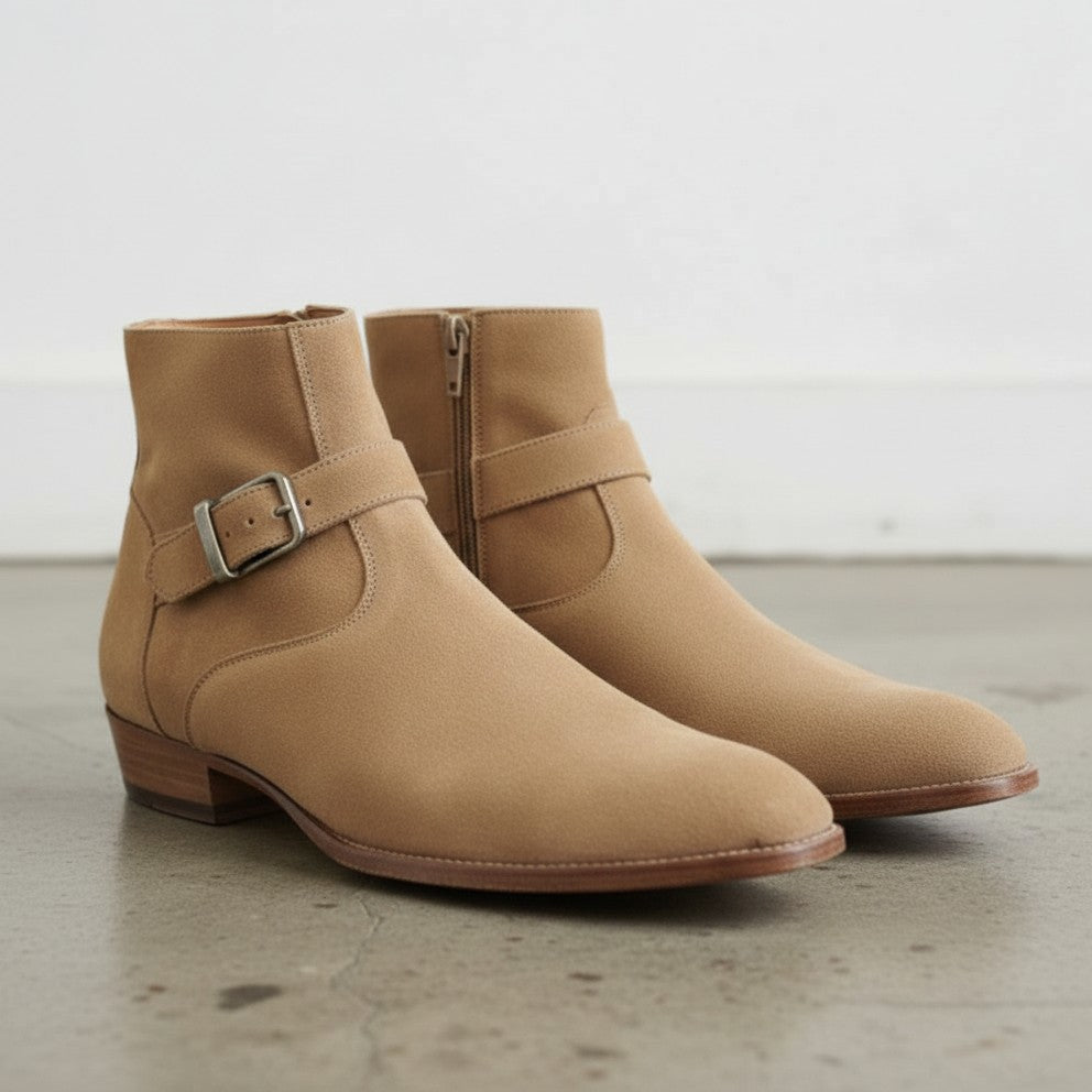 Handmade Men’s Beige Suede Side-Zip Ankle Boots, Classic Elegant Style