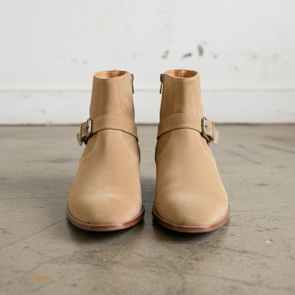 Handmade Men’s Beige Suede Side-Zip Ankle Boots, Classic Elegant Style