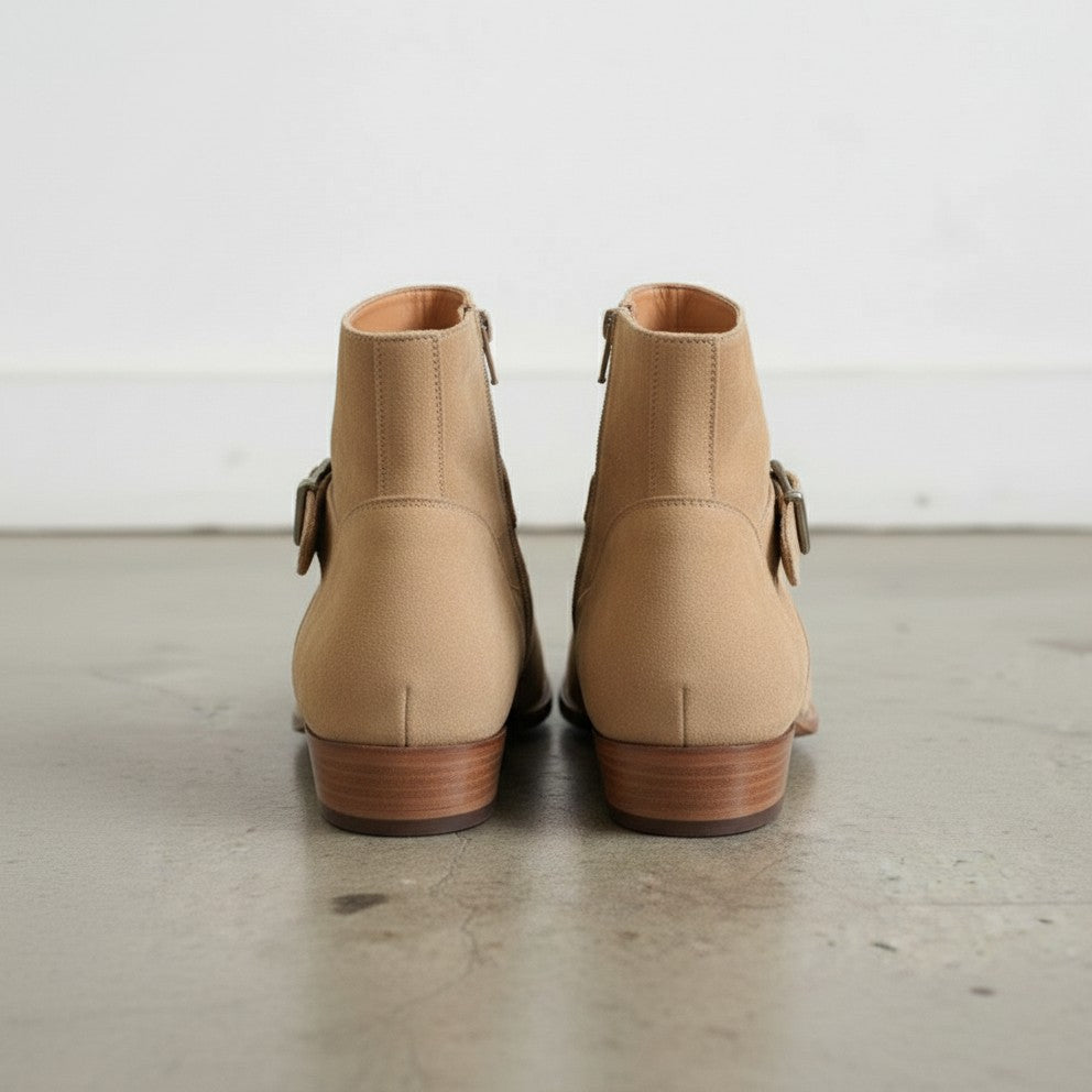 Handmade Men’s Beige Suede Side-Zip Ankle Boots, Classic Elegant Style