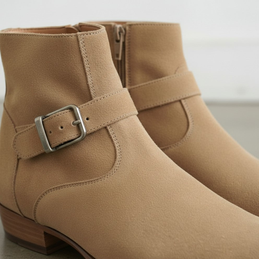 Handmade Men’s Beige Suede Side-Zip Ankle Boots, Classic Elegant Style