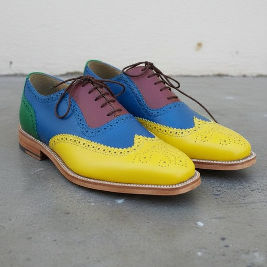 Men Handmade Multi Color Leather Brogue Shoes with Lace Up Closure