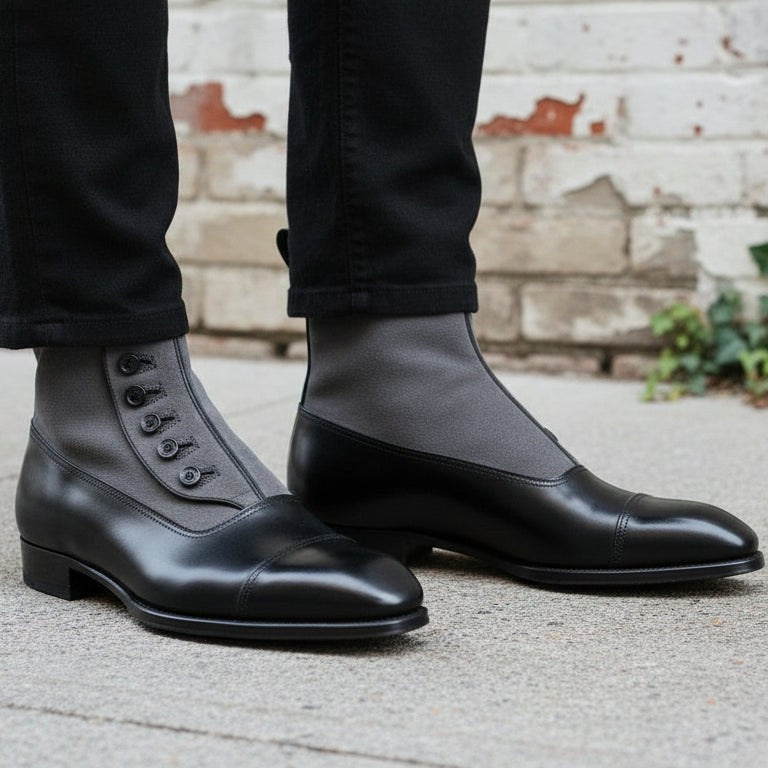 Handmade Men's Two Tone Formal Boot, Button Up Boot, Cap Toe Ankle Boot