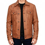 Men's Handmade Brown Leather Trucker Jacket, Men Tan Tan Genuine Leather Jacket
