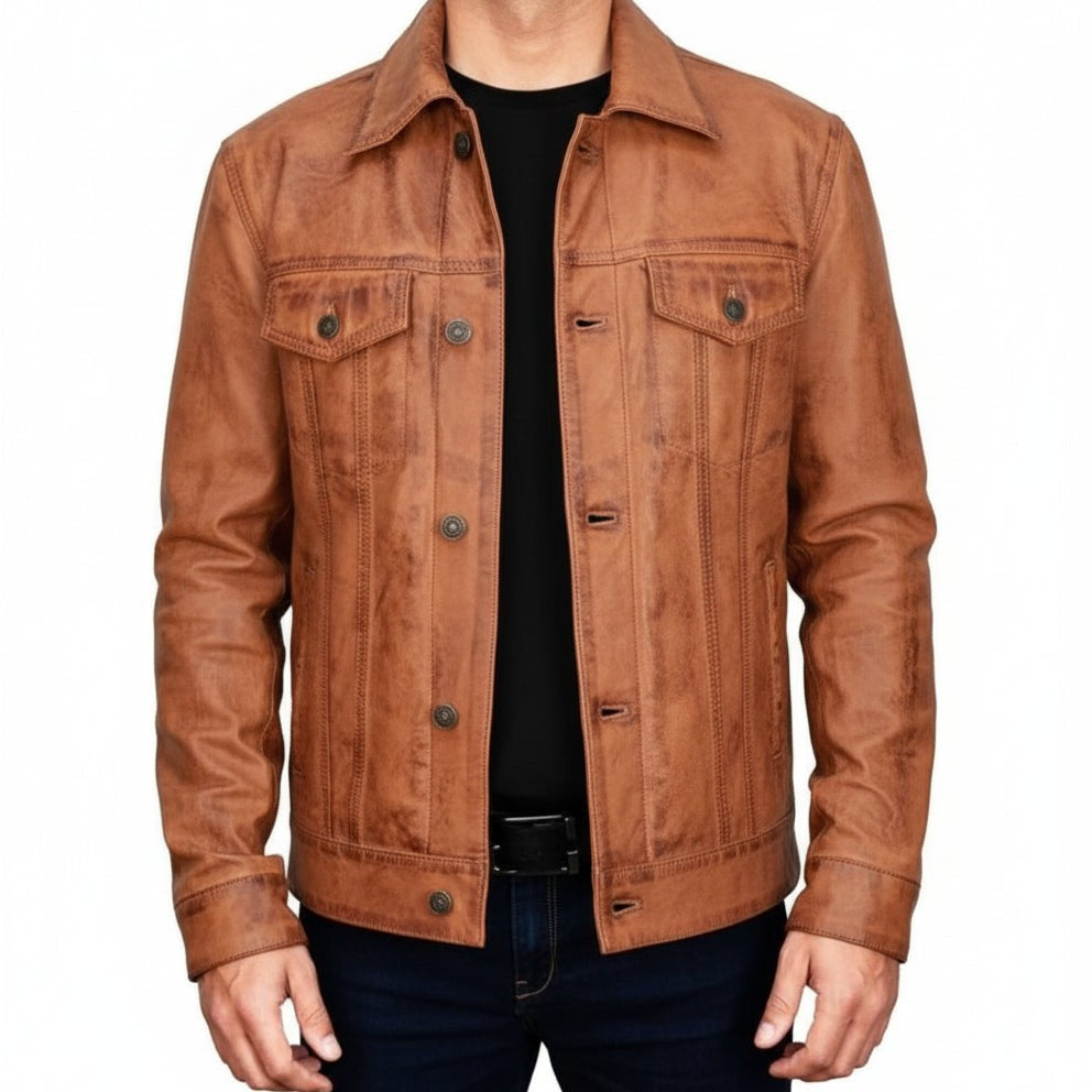 Men's Handmade Brown Leather Trucker Jacket, Men Tan Tan Genuine Leather Jacket