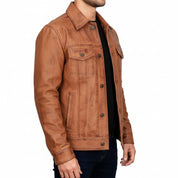 Men's Handmade Brown Leather Trucker Jacket, Men Tan Tan Genuine Leather Jacket