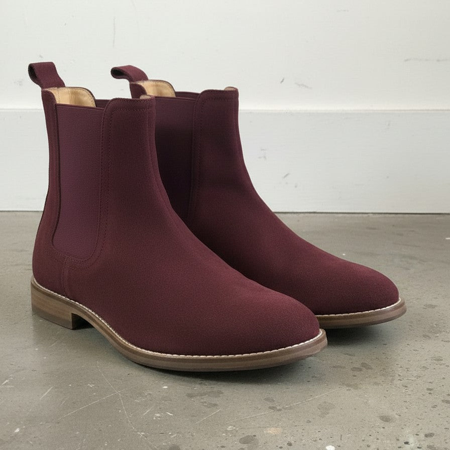 Handmade Men's Burgundy Suede Chelsea Ankle Boots