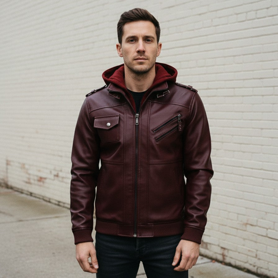 Men's Handmade Maroon Leather Fashion Jacket for Winter Wear