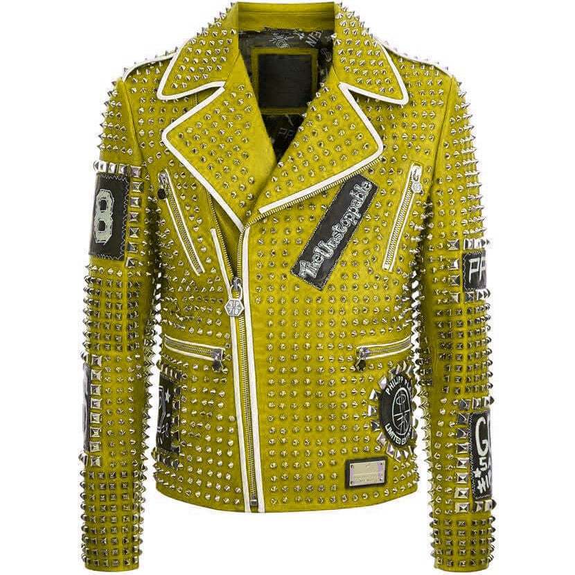 Handmade New Punk Green Brando Studded Spikes Rock Moto Biker Leather Jacket