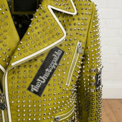 Handmade New Punk Green Brando Studded Spikes Rock Moto Biker Leather Jacket