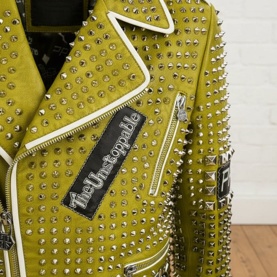 Handmade New Punk Green Brando Studded Spikes Rock Moto Biker Leather Jacket