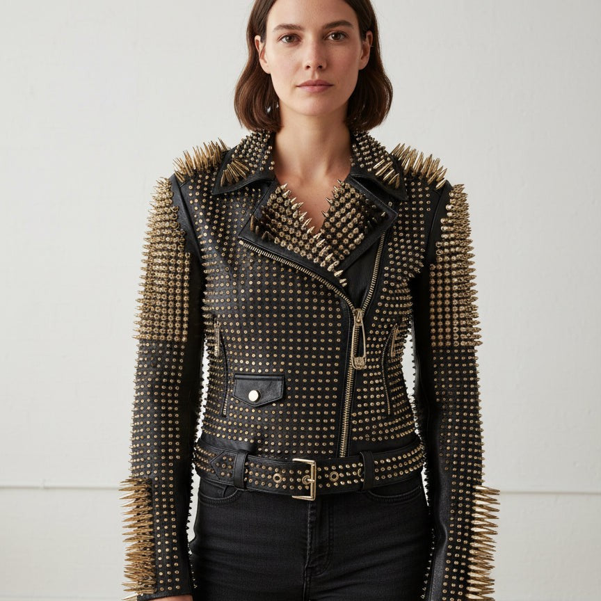 Women's Handmade Black Punk Studded Brando Biker Leather Jacket Women Studded Jacket