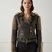 Women's Handmade Black Punk Studded Brando Biker Leather Jacket Women Studded Jacket