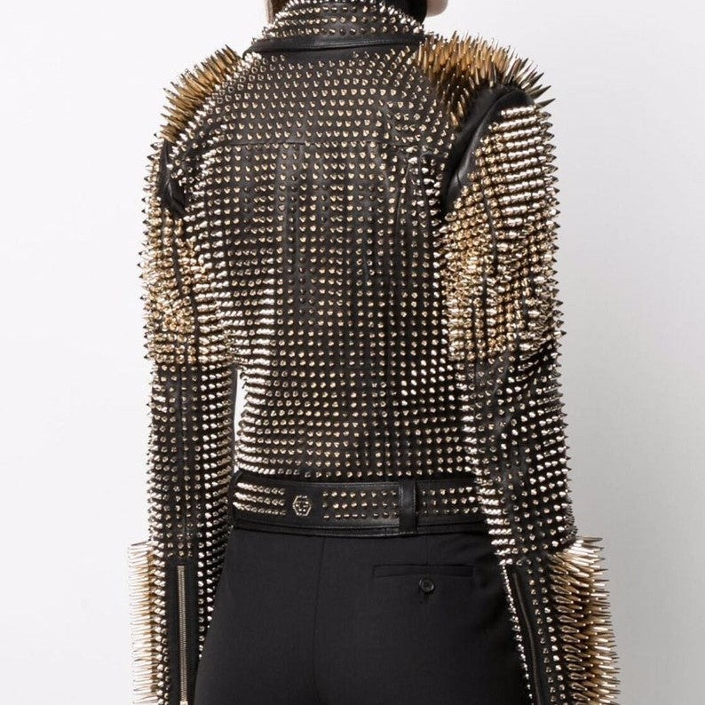 Women's Handmade Black Punk Studded Brando Biker Leather Jacket Women Studded Jacket