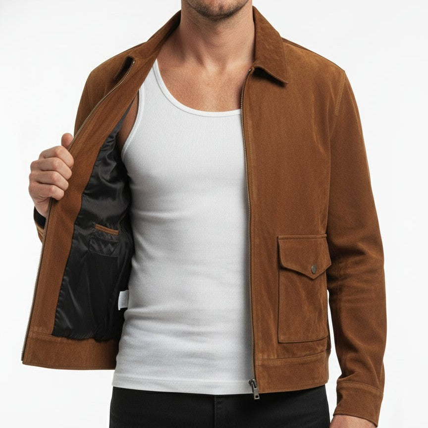Handmade Men’s Suede Trucker Jacket with Flap Pockets